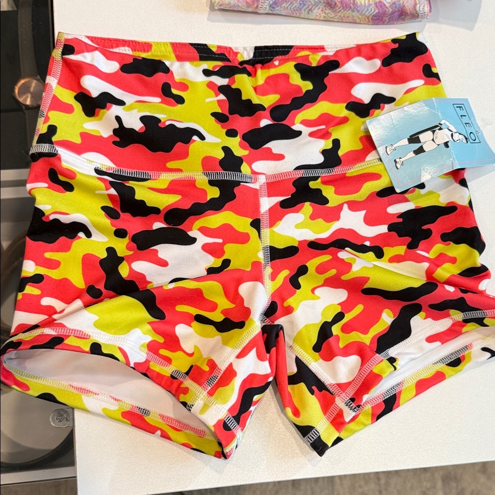 Fleo Vibrant Camo Athletic Shorts - Red, Yellow, Black nwt.